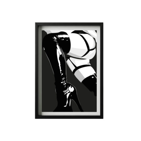 Quand le cuir épouse la peau et que chaque reflet devient une promesse - Illustration érotique noir et blanc